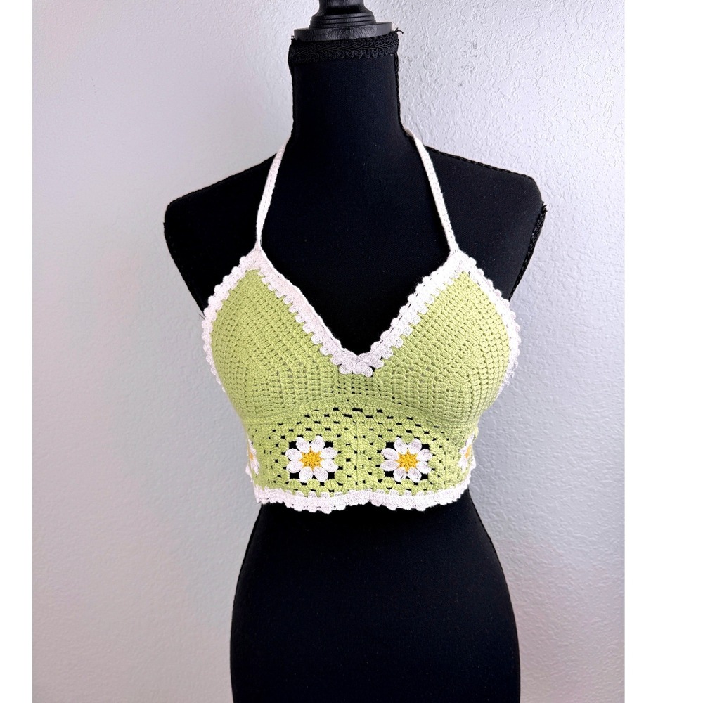 Handmade Crochet Daisy Halter Crop Top Boho Cottagecore Festival Fairycore